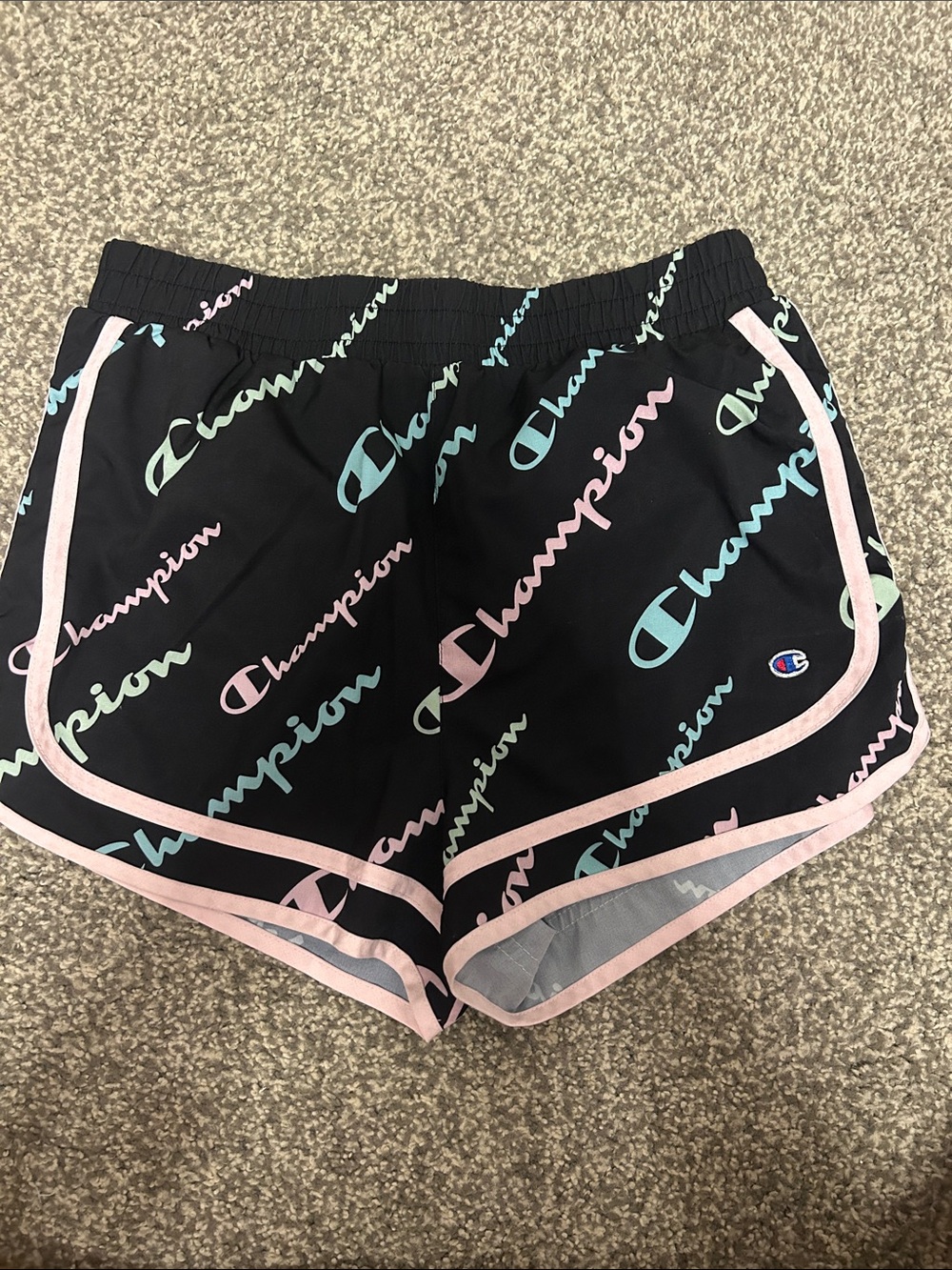 Champion Black Athletic Shorts with Pastel Script and Pink Trim